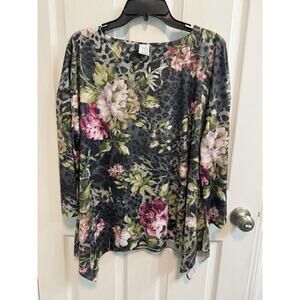 Time And Tru XL Top Gray Multi Floral Rhinestones 3/4 Sleeve Scoop Neck New​